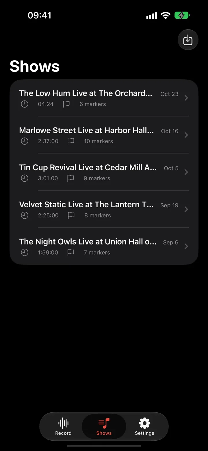 Taper shows list in dark mode with five fictional shows, each with a length and a marker count.