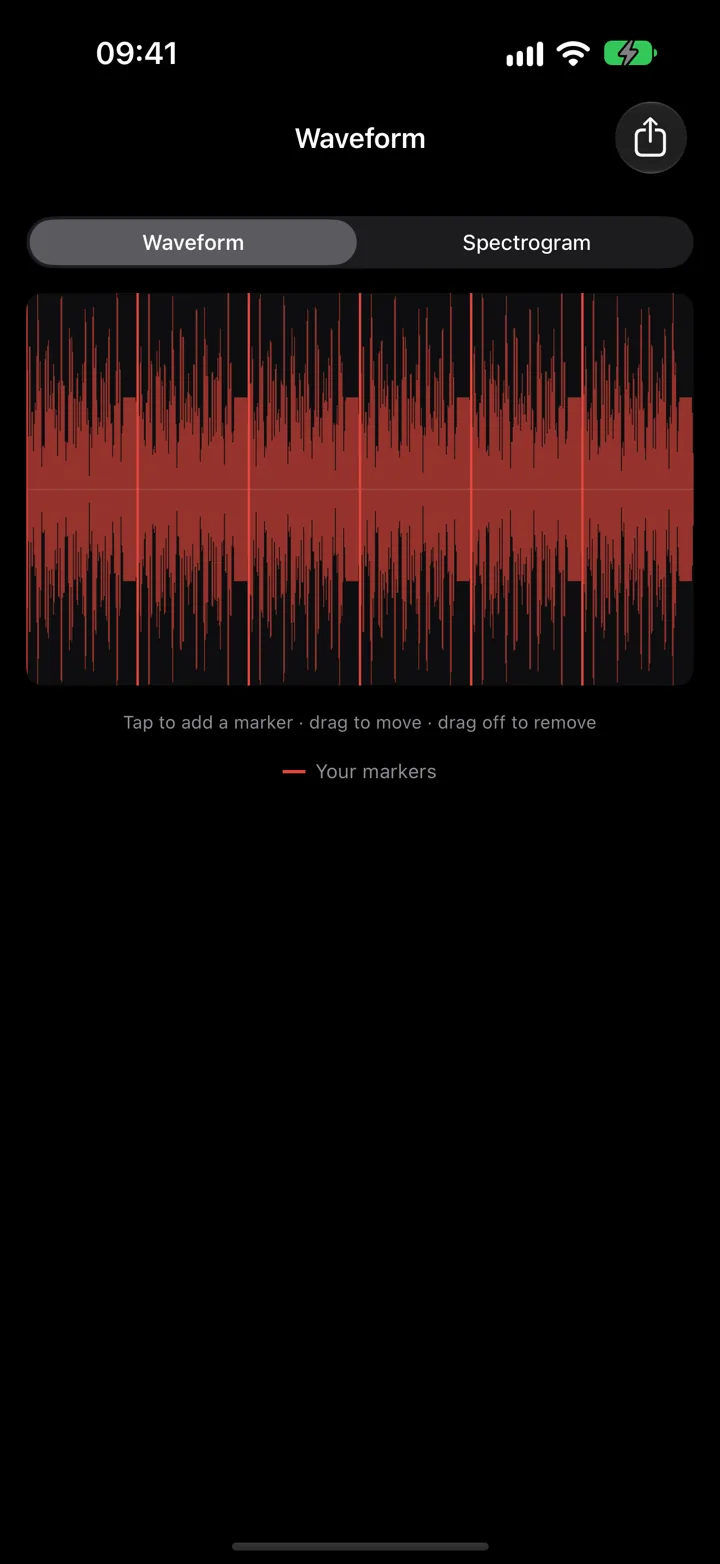 Taper waveform in dark mode with six marker lines across it. Tap to add a marker, drag to move it.